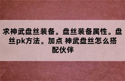 求神武盘丝装备。盘丝装备属性。盘丝pk方法。加点 神武盘丝怎么搭配伙伴